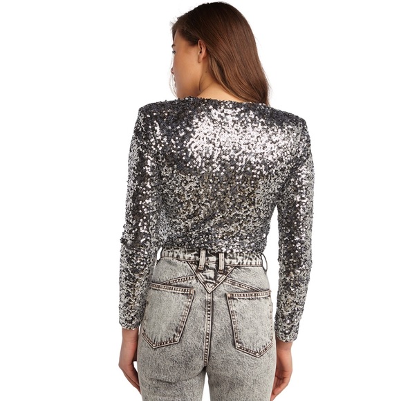 NEW BARDOT SILVER SEQUIN LONG SLEEVE BODYSUIT - Picture 7 of 11